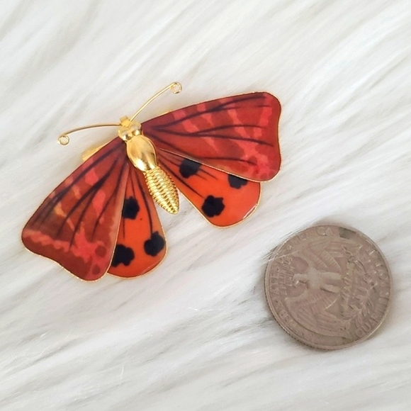 Vintage Dainty Orange Red Gold Tone Butterfly Unsigned Brooch Pin Jewelry - Picture 12 of 12